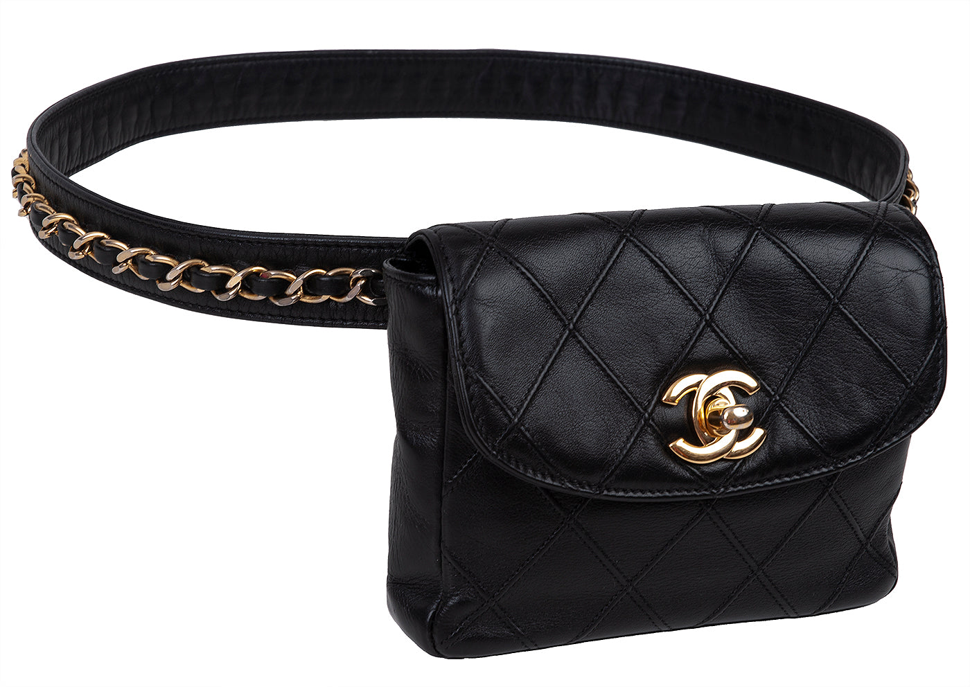 Chanel Black Quilted Leather Vintage Classic Chain Belt Bag