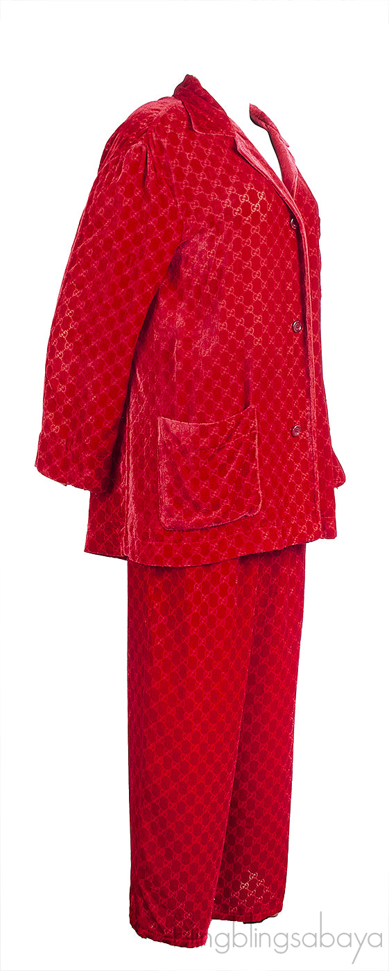 Gucci Red GG Devore Velvet Shirt & Wide Leg Trouser