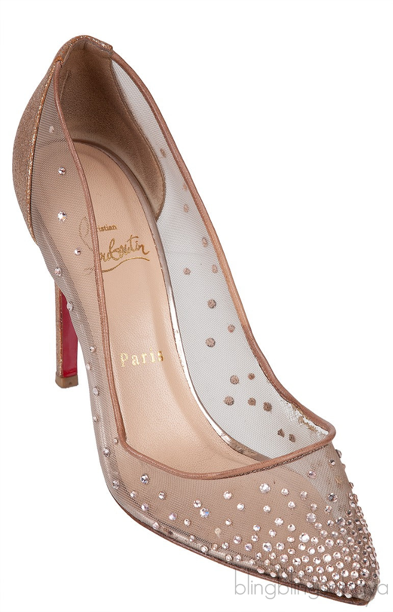 Gold & Beige Mesh Crystal Pointed Toe Heels