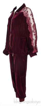 Burgundy Lace Trim Velvet Jacket & Jogger Set
