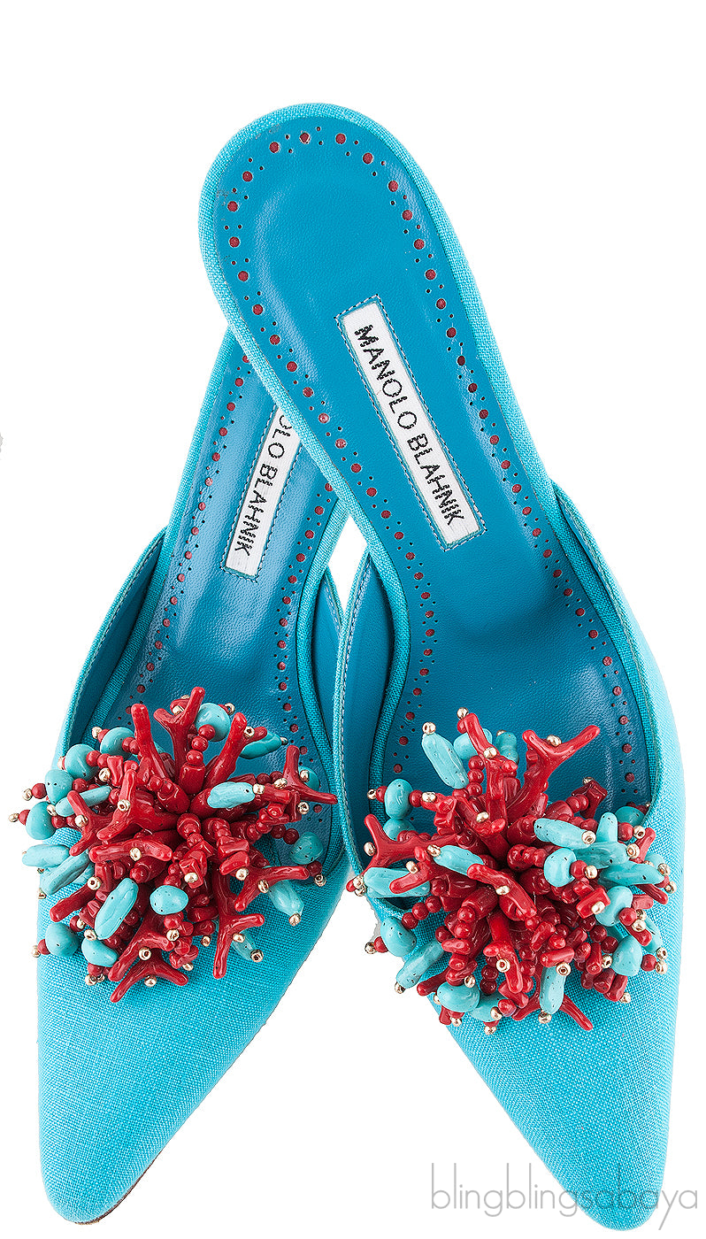 Teal Vorga Beaded Slide Sandals