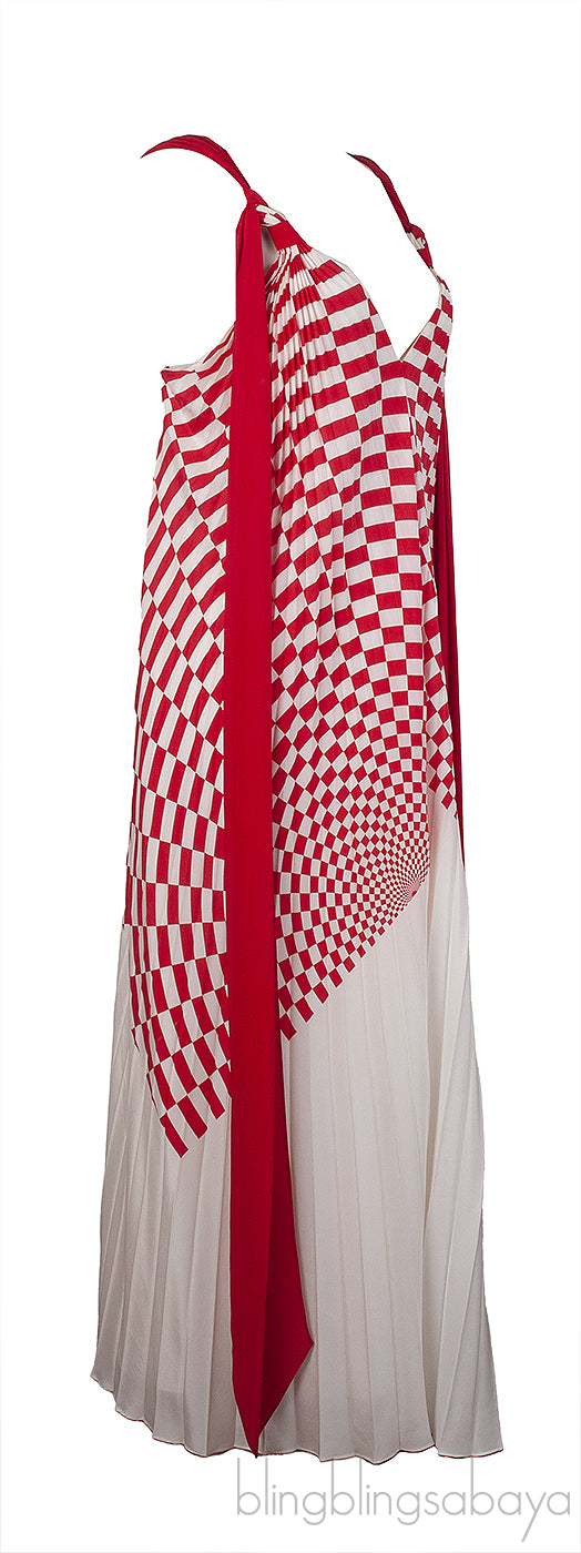 Fendi Red and White Checkered Pleated Midi Dress