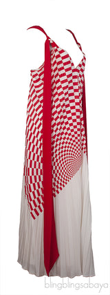 Fendi Red and White Checkered Pleated Midi Dress