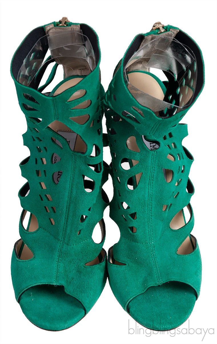 Green Suede Cut-out Peep Toe Heels