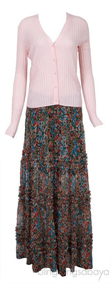 Pink Seam Free Engineered Cardigan & Tiered Multicolor Printed Skirt