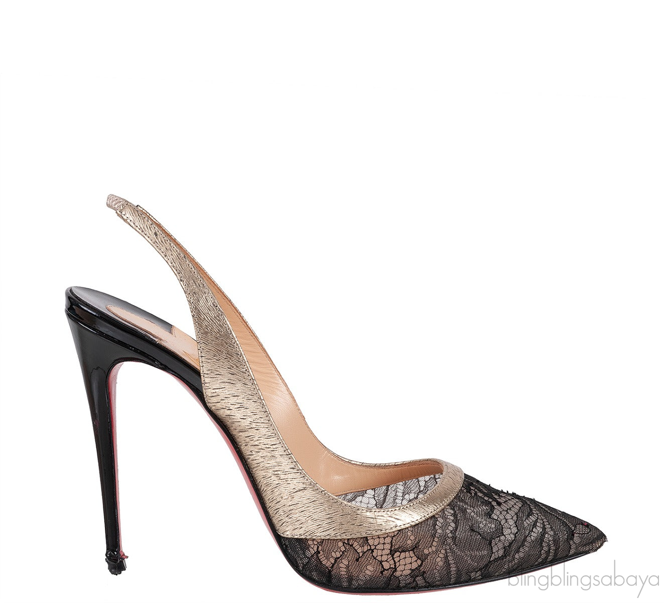 Christian Louboutin Black Floral Lace Gold Trim Slingback Heels