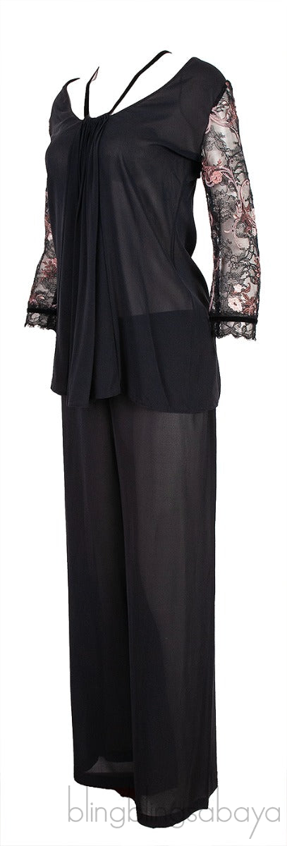 Black  Lace Floral Embroidered Sleeve Pajama Set