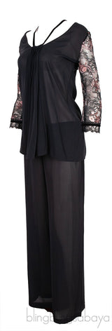 Black  Lace Floral Embroidered Sleeve Pajama Set