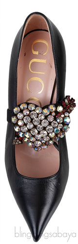 Black Leather Heart Crystal Heels