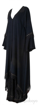 Black Layered Eyelet Ring Fringed Trim Abaya