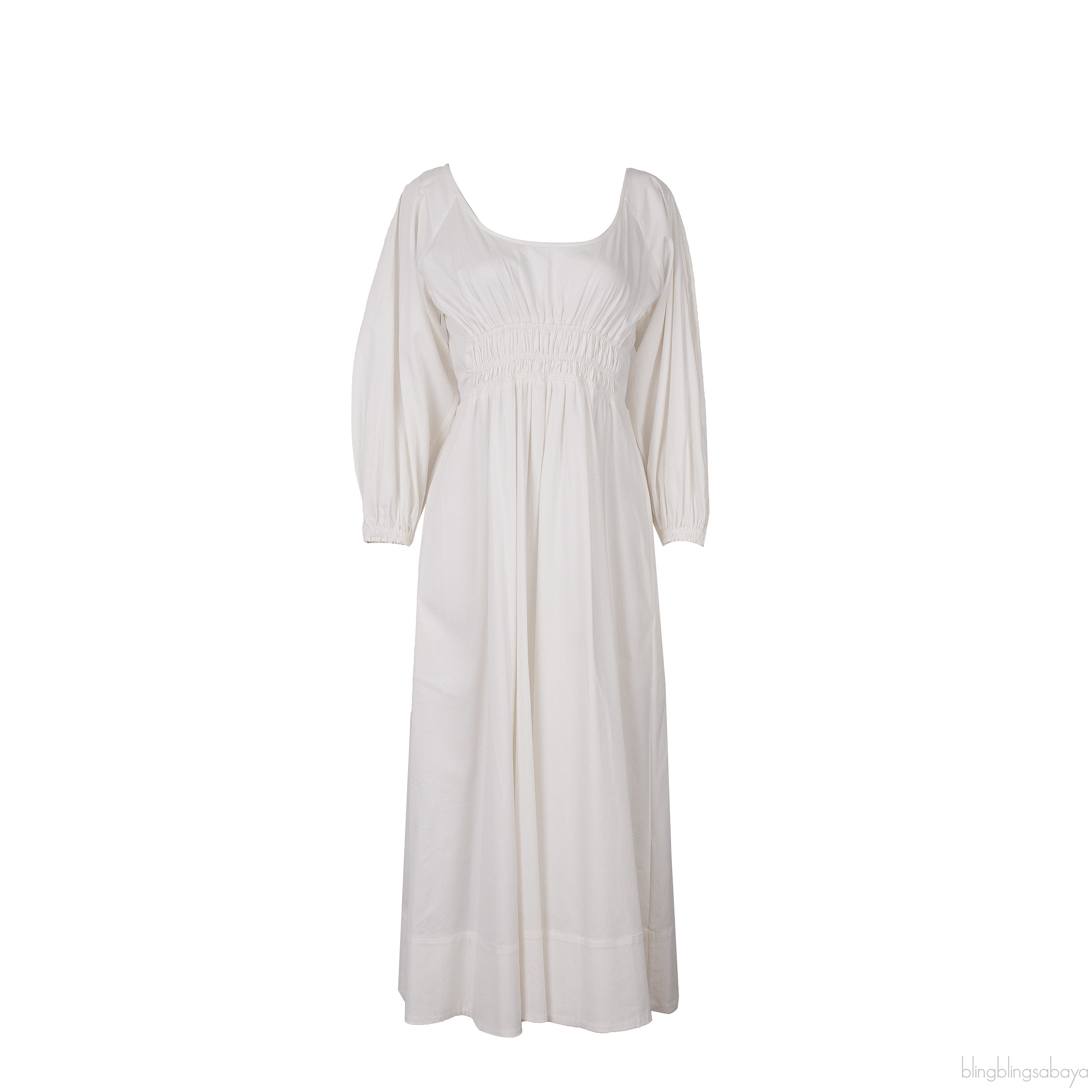 White Cotton Ruched Waist Midi Dress