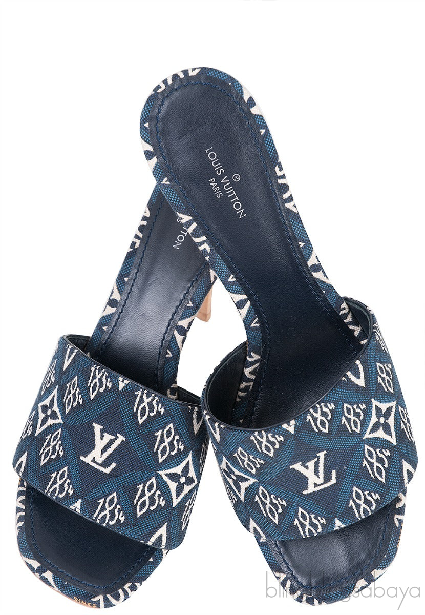 Blue Monogram Embroidered Mules
