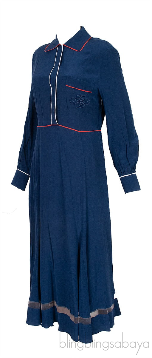 Blue Contrasting Trim Long Sleeve Dress