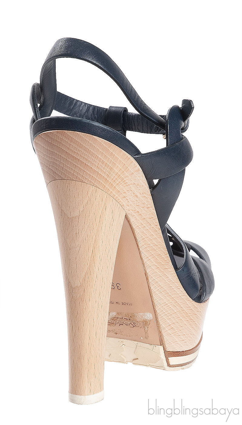 Yves Saint Laurent Blue Leather & Wood Heels Tribute