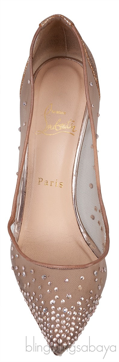 Gold & Beige Mesh Crystal Pointed Toe Heels