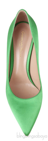 Green Satin Pointed Toe Heels