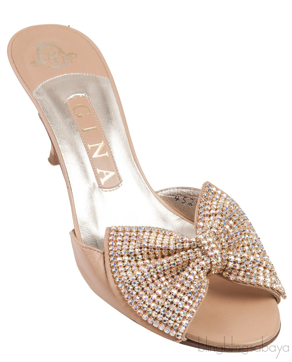 Nude Leather Bow Crystal Sandals