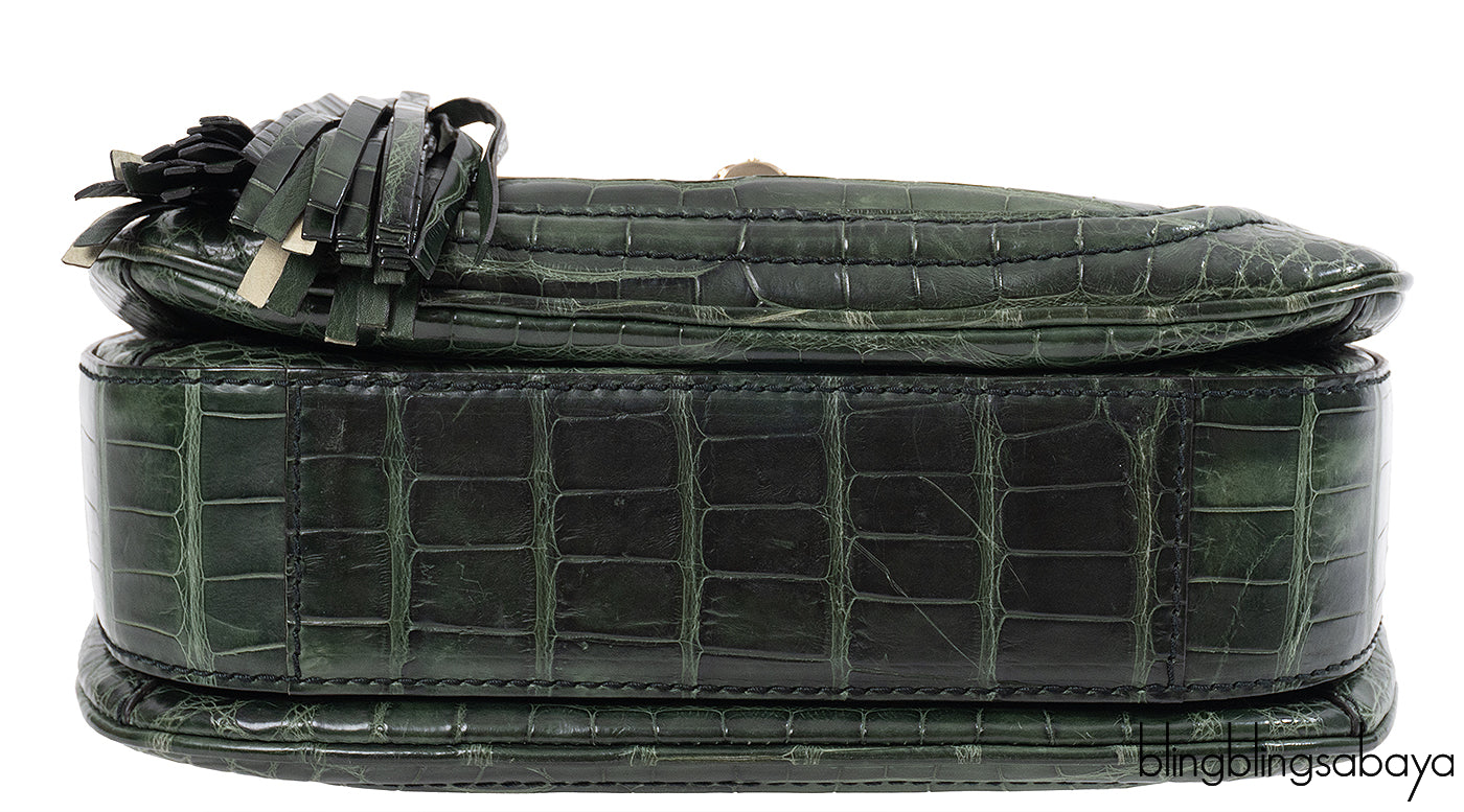 Gucci Forest Green Medium Crocodile Bamboo Top Handle Bag
