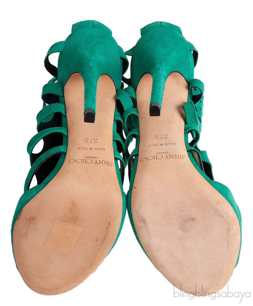 Green Suede Cut-out Peep Toe Heels