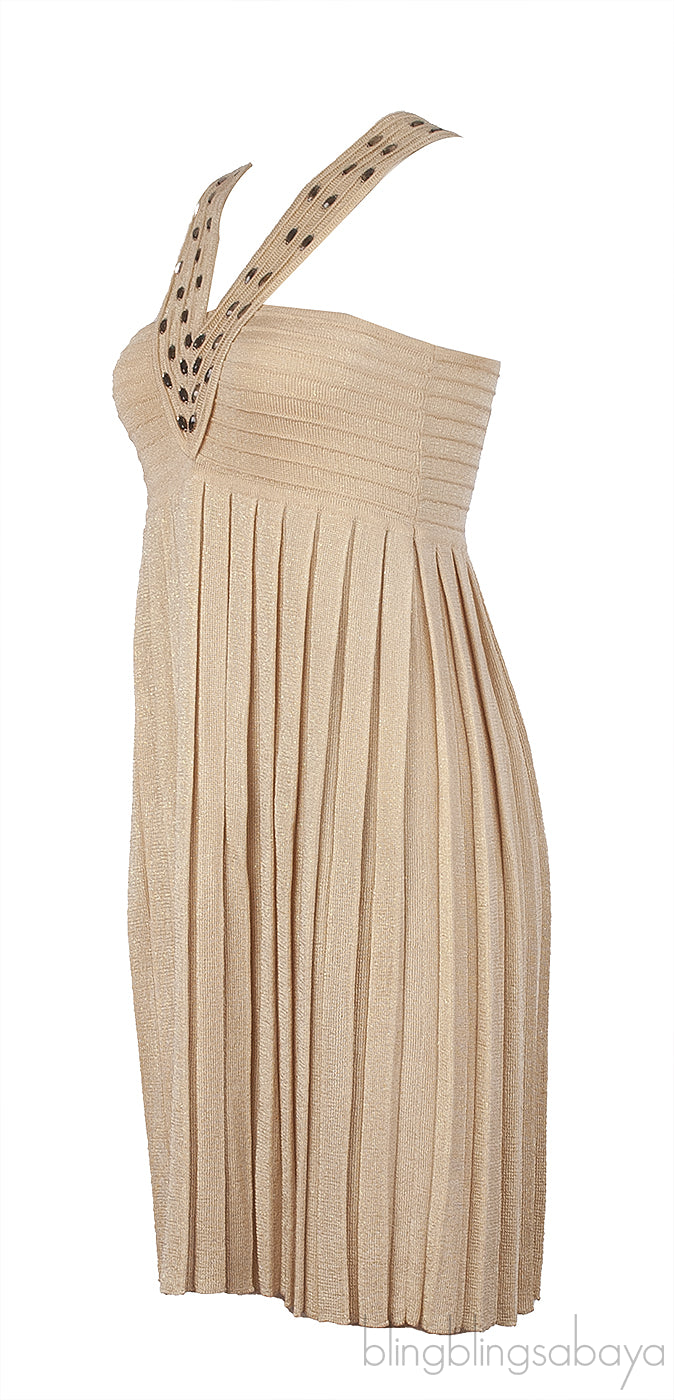 Beach Couture Halter Neck Gold Knit Pleated Dress