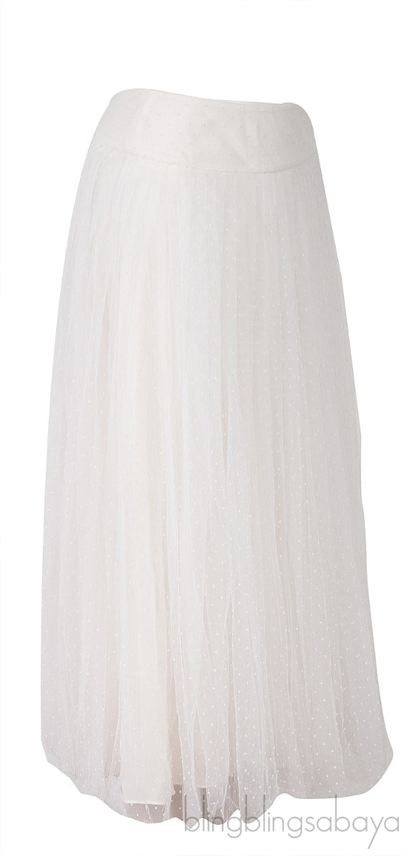 White Pleated Polka Tulle Skirt