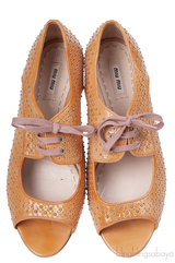 Miu Miu Brown Metal Bead Flat Peep Toe Shoes