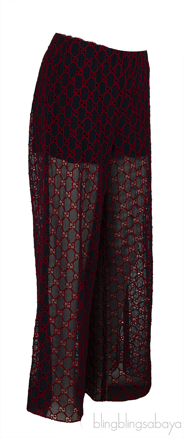 Gucci Navy Blue & Red GG Mesh Wide Leg Sheer Pants