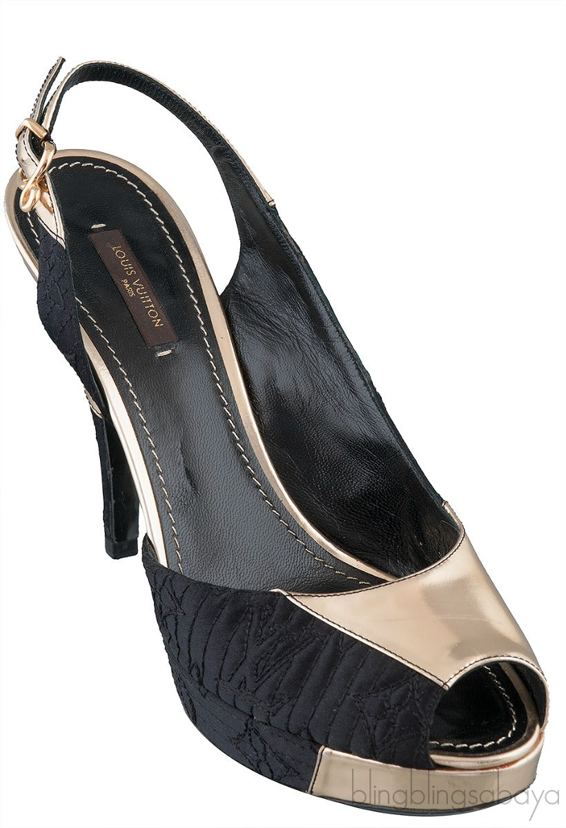 Gold Leather Black Fabric Slingback