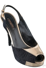 Gold Leather Black Fabric Slingback