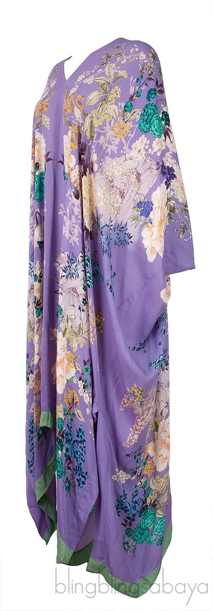 Purple Floral Print Silk Kaftan Dress