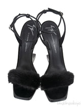 Black Picard Wedge Fur Slingback Sandals