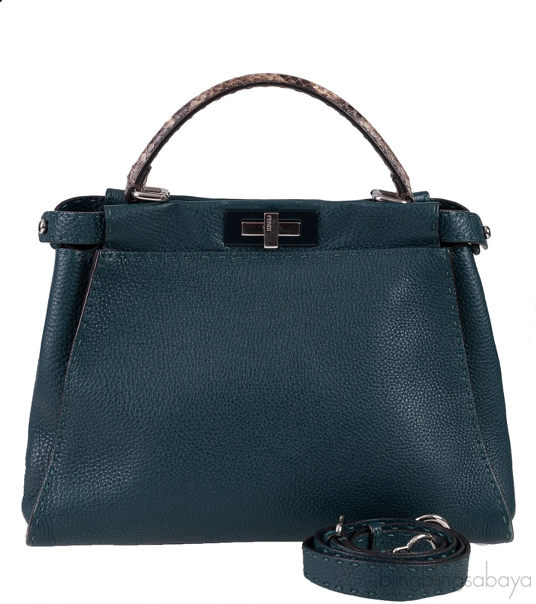 Fendi Selleria Peekaboo Dark Green Medium Python Handle Bag
