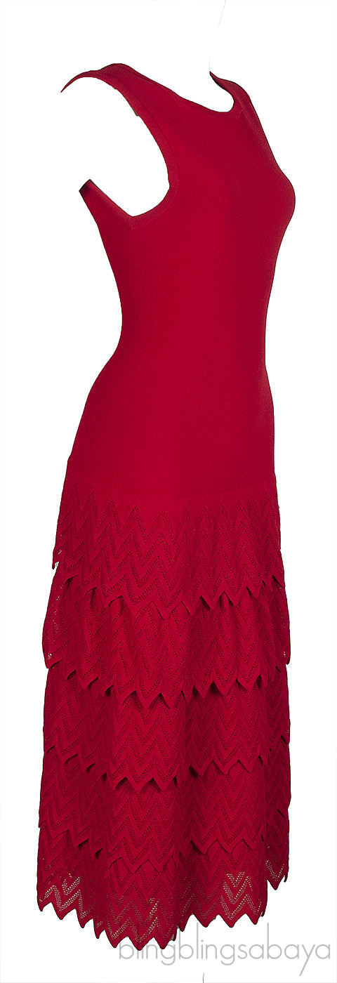 Alaia Layered Knit Red Sleeveless Dress