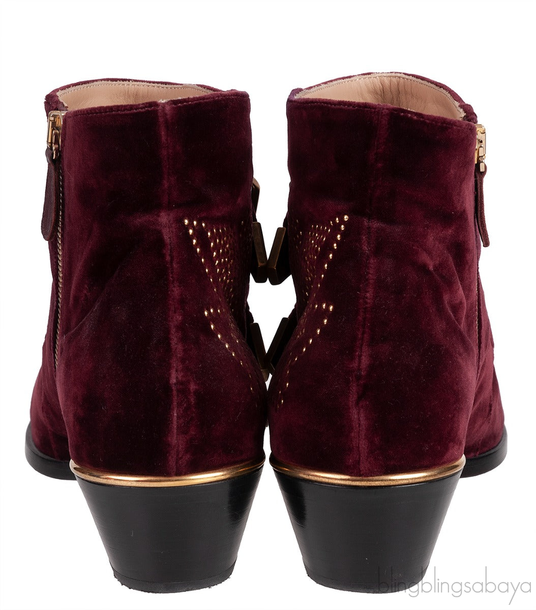 Burgundy Velvet Metal Beads Strappy Boots