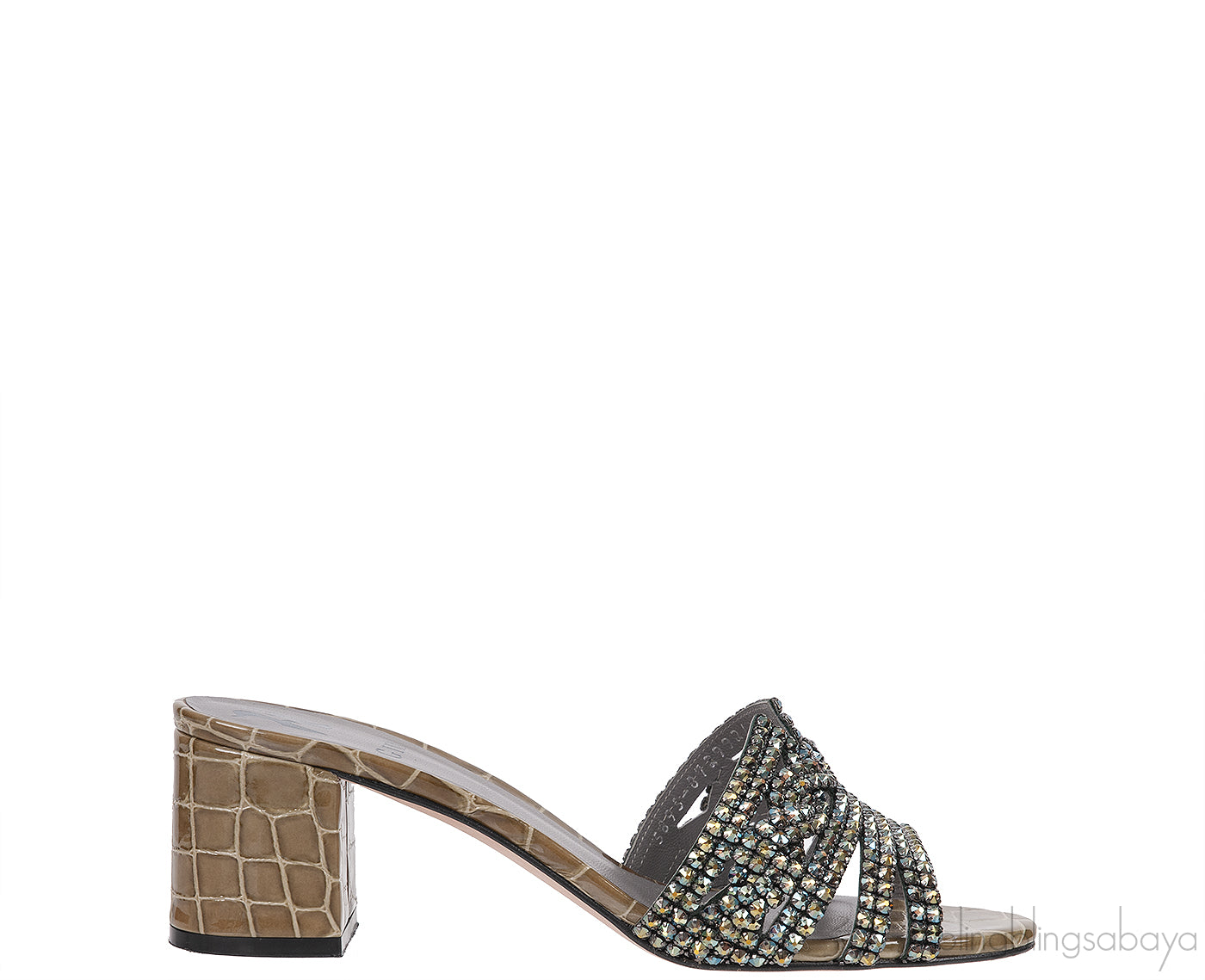 Moss Green Croc Embossed Crystal Heeled Sandals