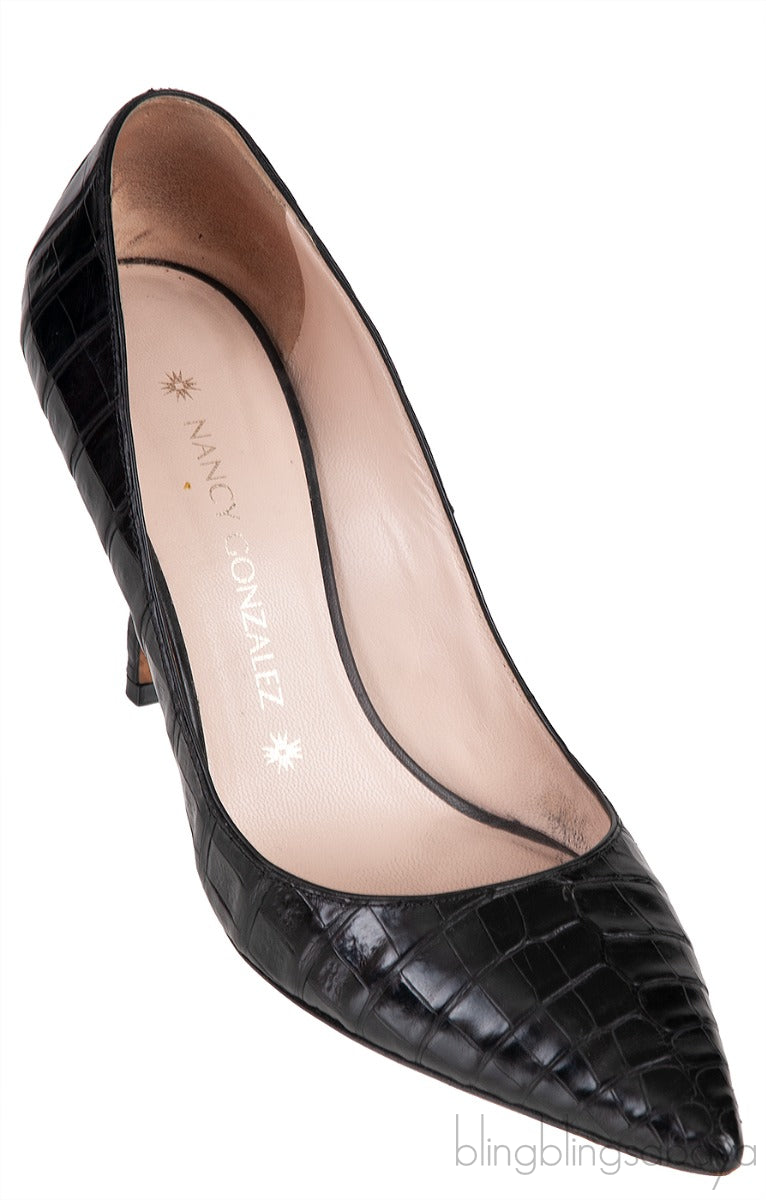 Black Croc Embossed Pointed Toe Heels