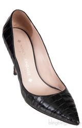 Black Croc Embossed Pointed Toe Heels