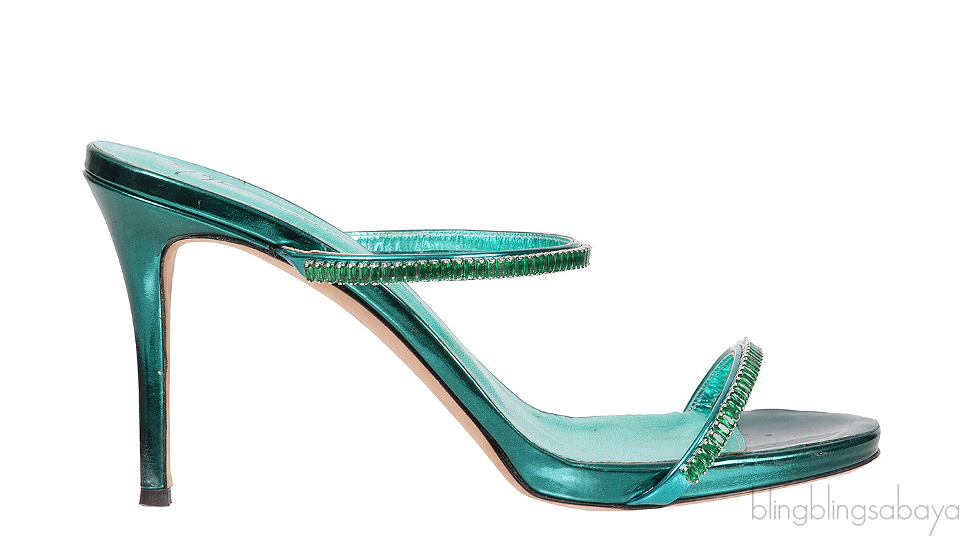 Giuseppe Zanotti Metallic Green Crystal Embellished Mules
