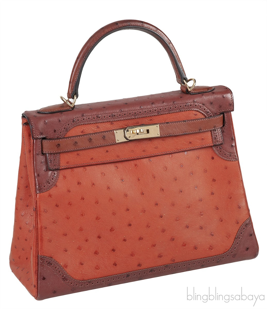 Kelly 32 Ghillies Rouge H Sunset and Brique Ostrich Bag