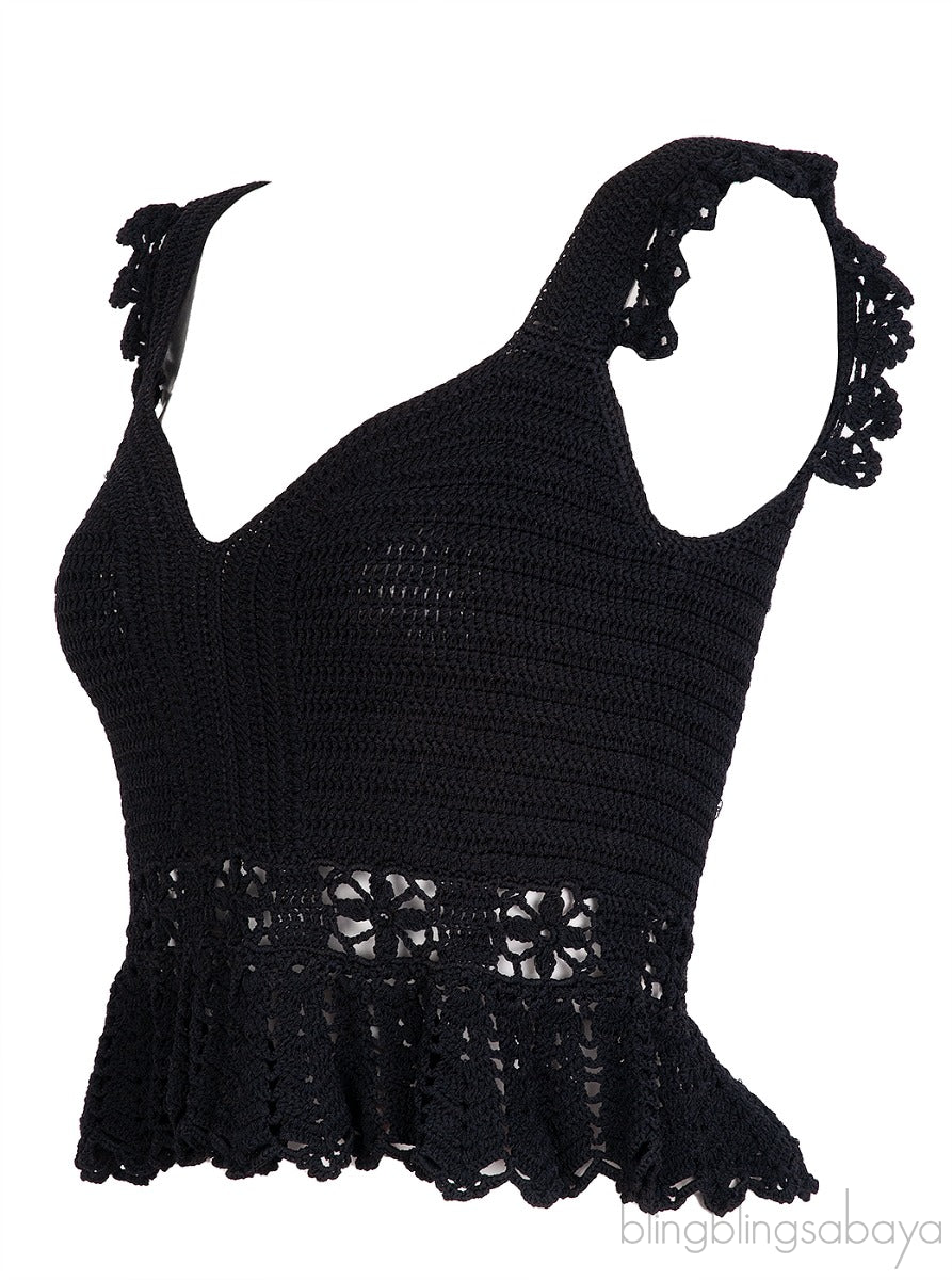 Black Crochet Ruffled Top