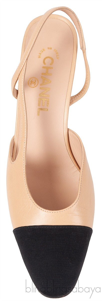 Beige Leather Cap Toe Slingback Shoes