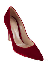 Red velvet pointed toe heels