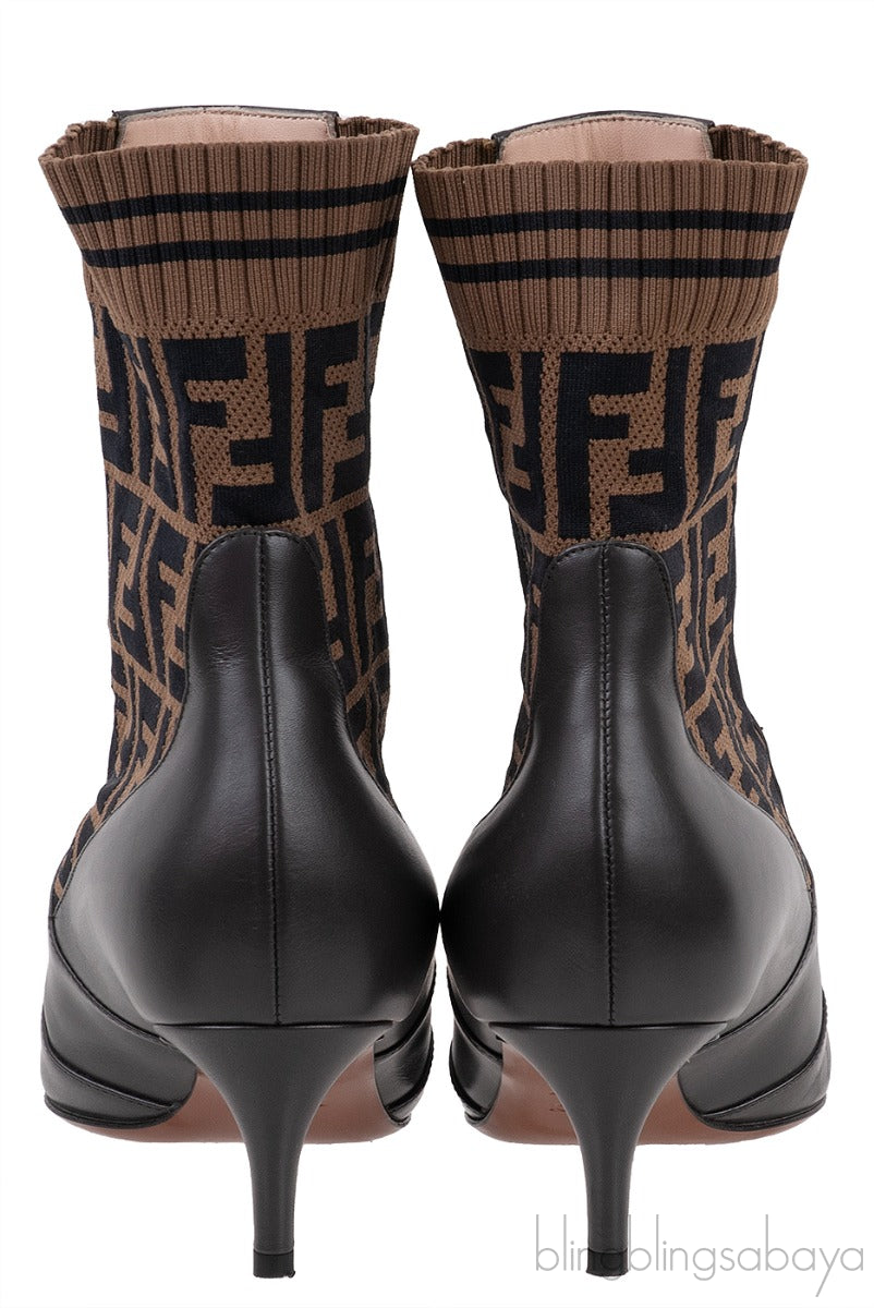 FF Brown Monogram Zucca Logo Print Kitten Boots