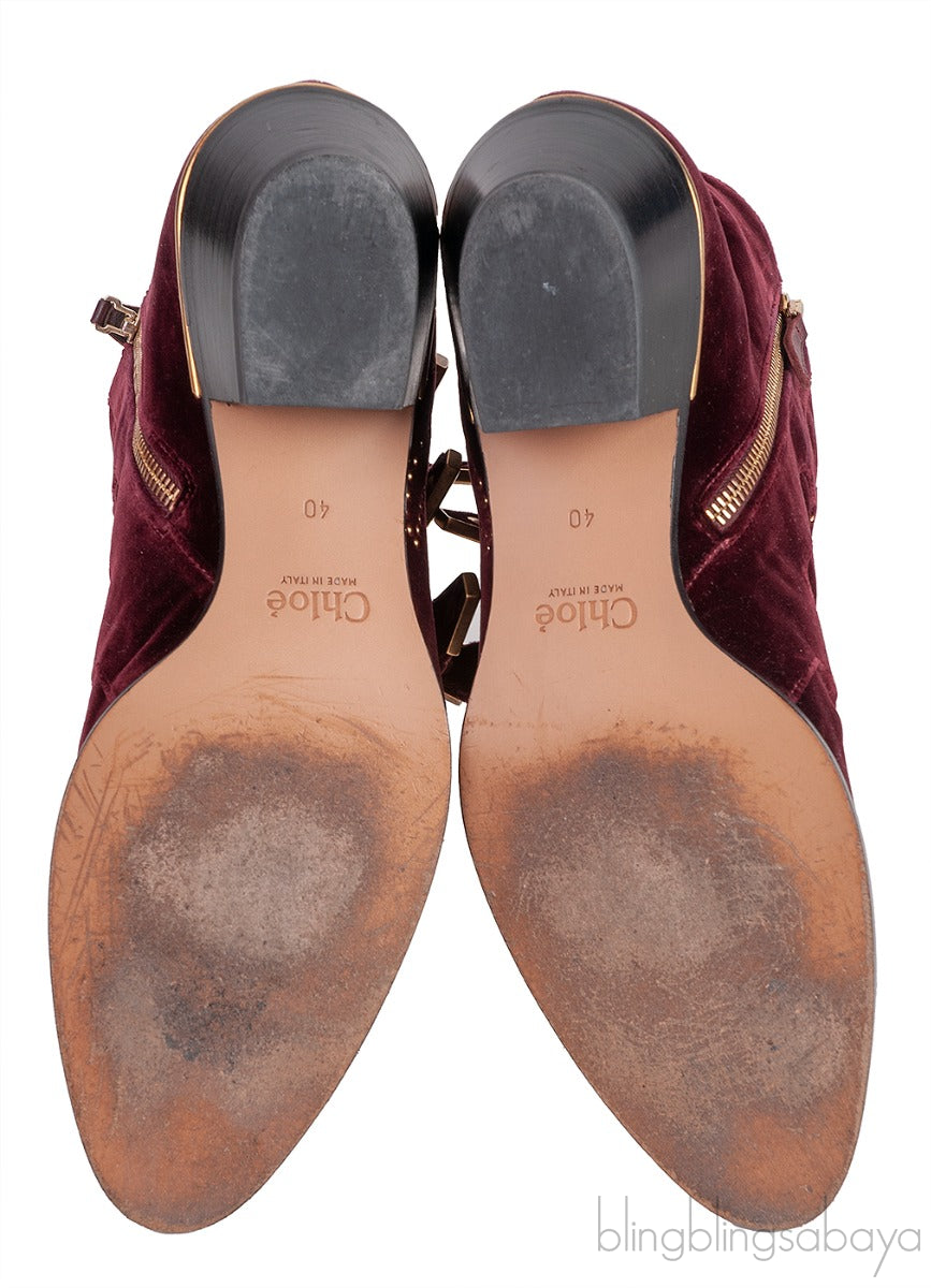 Burgundy Velvet Metal Beads Strappy Boots