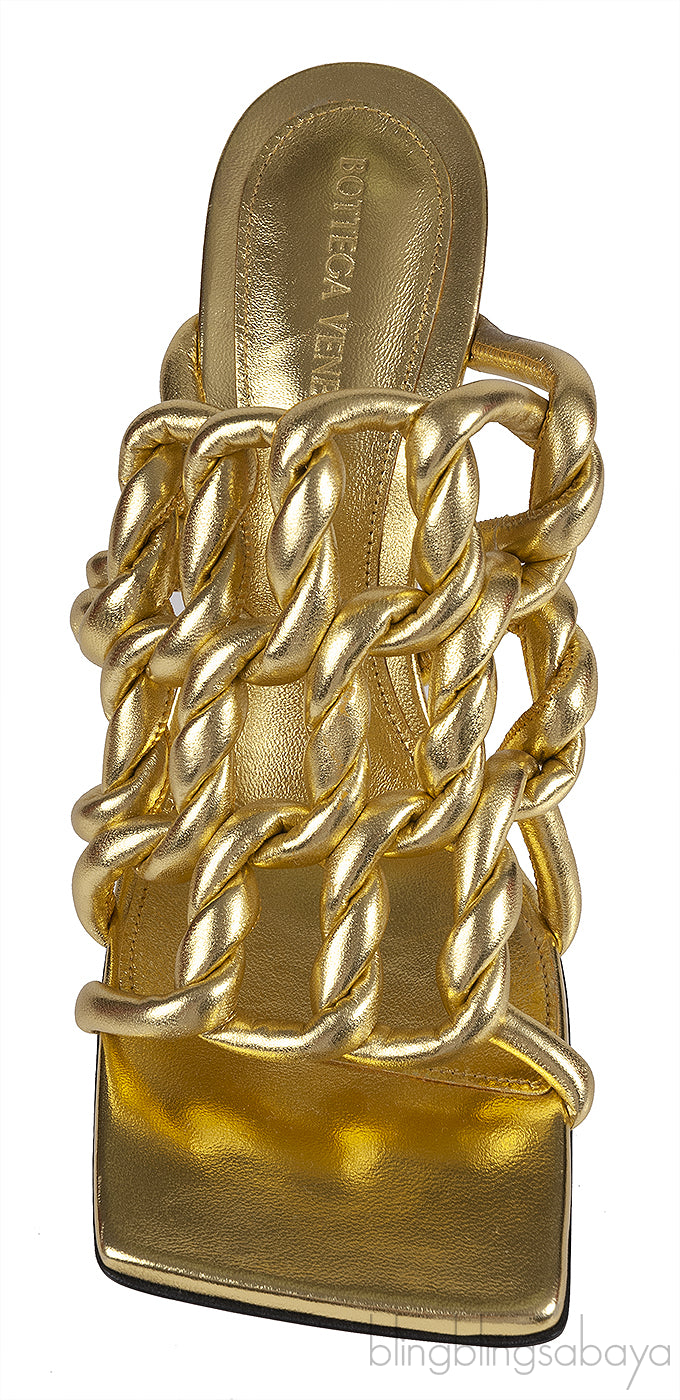 Bottega Veneta Metallic Gold Reflection Weave Square Toe Sandals