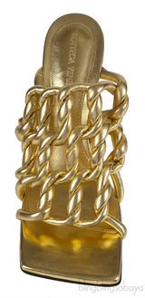 Bottega Veneta Metallic Gold Reflection Weave Square Toe Sandals