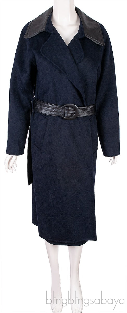 Blue Wool Leather Trim Trench Coat w/ Belt