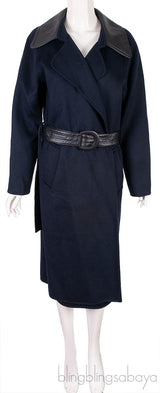 Blue Wool Leather Trim Trench Coat w/ Belt