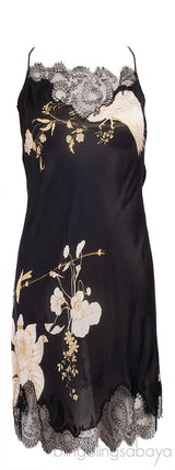 Black Floral Print Lace Trim Cami Dress