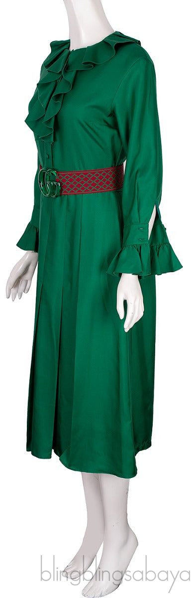 Emerald Green Ruffle Belted Midi Dress